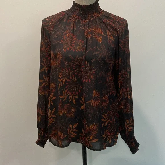 H&M Black & Orange Floral Long Sleeve Blouse Women’s Size 6 Boho Fall Top - Picture 10 of 12